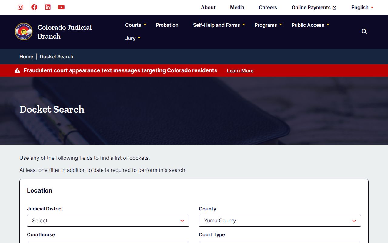 Colorado Judicial Yuma County docket controls